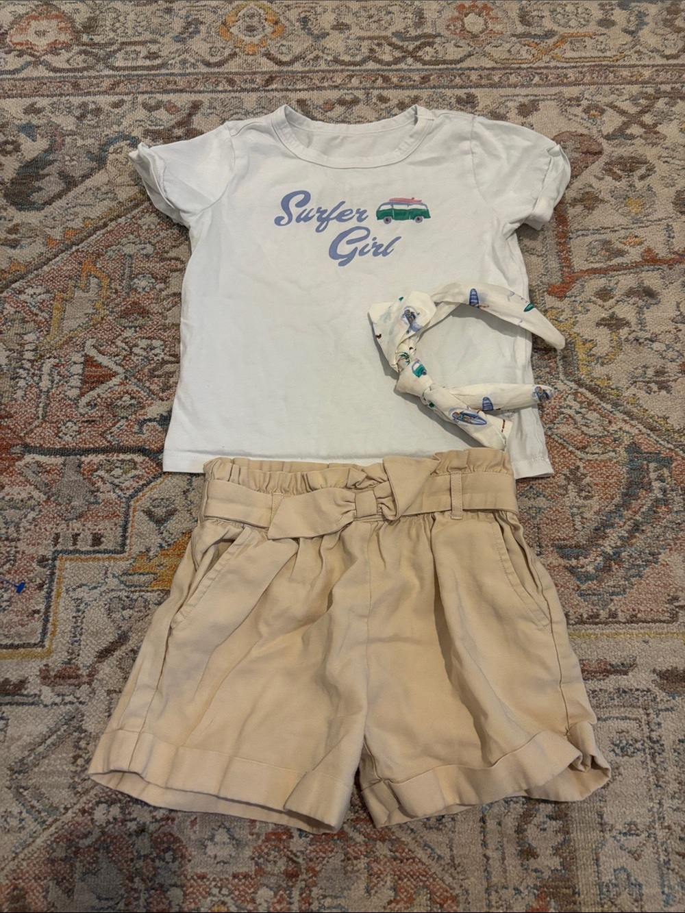 Janie and Jack White 'Surfer Girl' Tee with Tan Paperbag Shorts